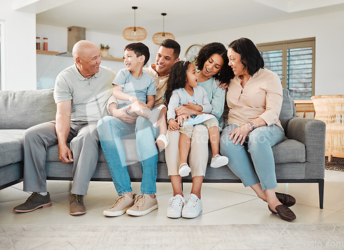 Image of Relax, laugh and generations of family on sofa together, support and love in new home or apartment. Men, women and children on couch, happy smile with grandparents, parents and kids in living room.