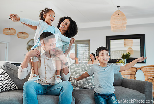 Image of Play, mother or children with father in living room to relax as a happy family bonding in Portugal with love. Home sofa, flying airplane game or parents smile with kids enjoying fun time on a holiday