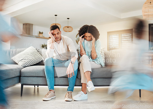 Image of Running, kids and tired parents on sofa with stress or choas in living room, family home and children in house with energy. Exhausted, burnout and frustrated black couple on couch with young child