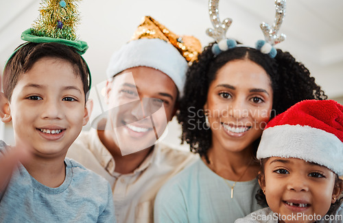 Image of Parents, children and christmas selfie with smile, family home and excited for event, culture and celebration. Mother, father and young kids with xmas memory, photography and profile picture for blog