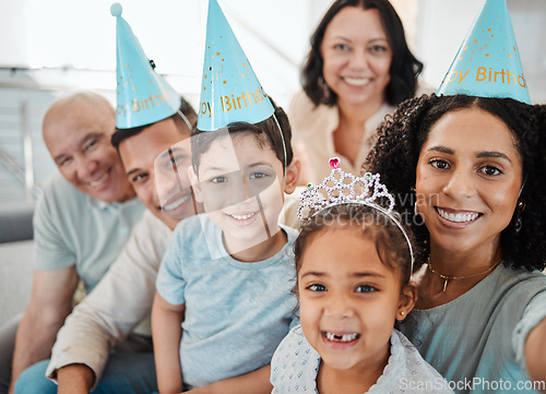 Image of Birthday selfie, portrait of big family or happy kids with grandparents taking pictures in living room in house. Faces, mother or father with smile or senior people taking photo at party at home