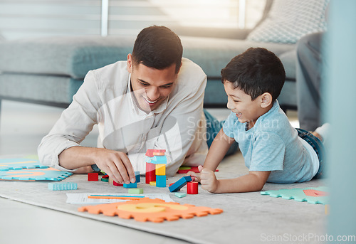 Image of Building blocks, play or father with kid on the floor for learning, education or child development. Family home, relax or happy dad enjoying bonding time in living room with boy or toys for fun games