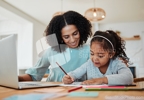 Image of Homework, education and mother with girl writing for learning, child development and studying. Family, school and happy mom with kid at table with paper for creative lesson, growth and knowledge