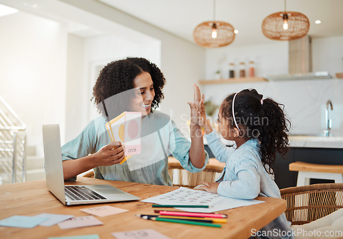 Image of High five, homework success or mother with happy kid in celebration of learning shapes, goals or test quiz. Teamwork, smile or proud mom teaching kindergarten girl or child with support or motivation