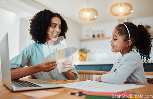 Image of Homework, alphabet card and mother with girl for learning, child development and teaching at home. Family, academic and happy mom with kid at table with letters for lesson, English and knowledge