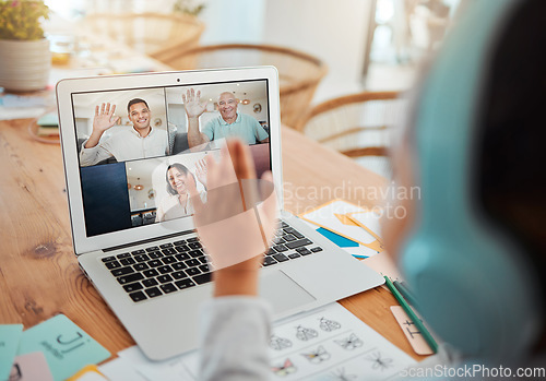 Image of Video call, laptop and child greeting her family while sitting by the dining room table in her home. Technology, waving and girl kid on a virtual call with her parents and grandfather on a computer.