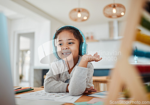 Image of Video call, computer and child e learning, online class and home education, translation and listening on headphones. Happy kid or excited girl on laptop with audio streaming service or virtual school