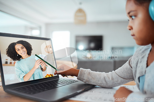 Image of Girl child, laptop and e learning in home with pencil, pointing and teacher in virtual classroom, test or assessment. Kid, woman and video call for online course, education or helping in family house