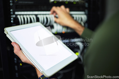 Image of Screen, server room and hands with a tablet for information, network analytics or maintenance. Closeup, working and a programmer with blank technology for system connectivity, coding or support
