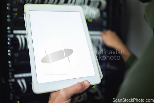 Image of Screen, technician and hands with tablet for information on a server room for network analytics. Closeup, working and a programmer with mockup technology for system connectivity, coding and research