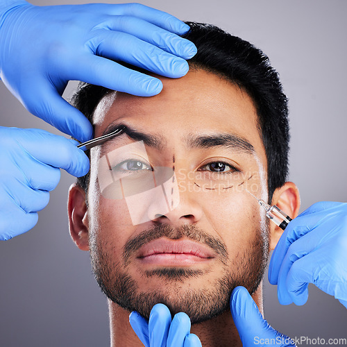 Image of Plastic surgery, brow lift and drawing with portrait of man and surgeon for needle and syringe placement. Hands, face and dermatology of a male person with medical procedure and collagen in studio