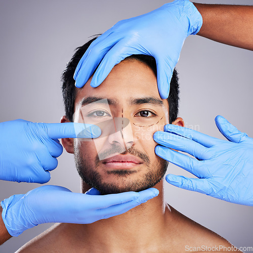 Image of Plastic surgery, hands and drawing with portrait of man and surgeon for needle and syringe placement. Skincare, face and dermatology of a male person with medical procedure and collagen in studio