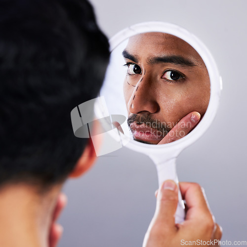 Image of Plastic surgery, mirror and face drawing lines with studio and man with check for nose rhinoplasty. Skincare, filler and dermatology of a male person with medical procedure and collagen process