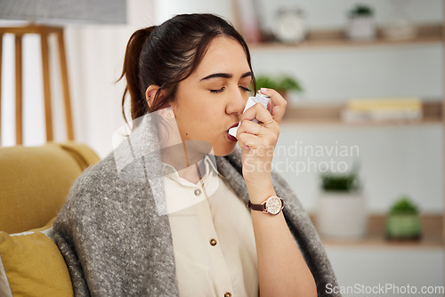 Image of Sick, breathing and woman with a pump for asthma, medical emergency or spraying air into mouth. House, covid and a young girl with risk for healthcare, lung support or inhaler on the sofa in her home