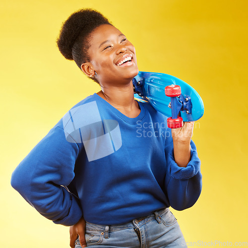 Image of Skater, thinking or happy black woman with skateboard laughing isolated on yellow background in studio. Trendy African student, gen z or skateboarder with freedom, fun ideas or funny joke to relax