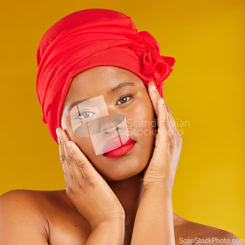 Image of Natural beauty, woman wrap and portrait with scarf, red lipstick and wellness in studio. Yellow background, female person and face cosmetics with model and makeup for skincare and facial glow