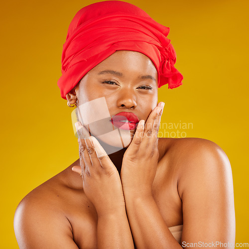 Image of Beauty, woman and wrap with face wellness and red lips portrait and scarf for care and wellness in studio. Brown background, female person and cosmetics with African model and makeup for facial glow