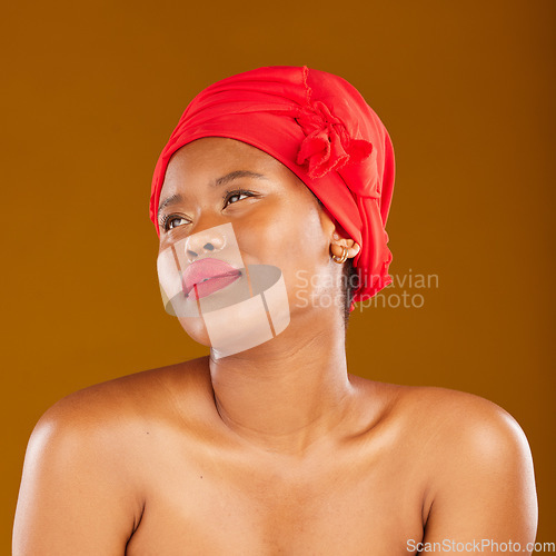 Image of Woman, red lipstick and hair scarf with beauty, face makeup and haircare in studio. Brown background, African female person and cosmetics of a model with head wrap for culture with skincare glow