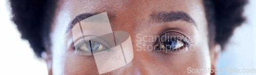 Image of Banner, closeup eyes and portrait of black woman with makeup, serious expression or clean eyebrow. Skincare, microblading and an African girl or model with cosmetics, eyeliner or looking with beauty