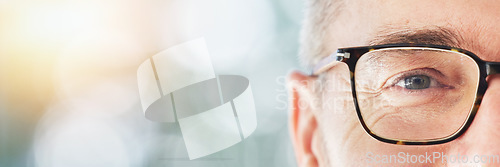 Image of Portrait, mockup and a man in glasses for vision at the optometrist for prescription frame lenses. Eye, banner space and an optometry customer at the optician for a healthcare appointment on bokeh