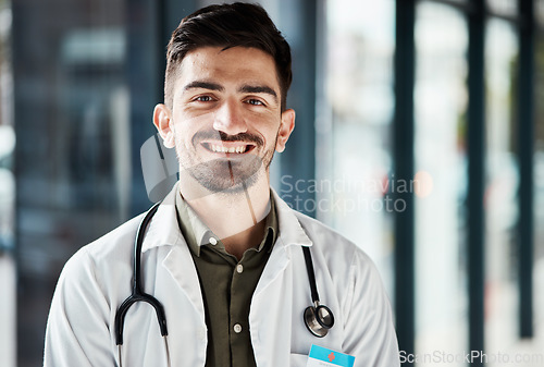 Image of Portrait, healthcare and confident doctor, happy man or surgeon for medical services, clinic support or professional help. Cardiology health expert, trust and cardiologist pride in hospital wellness