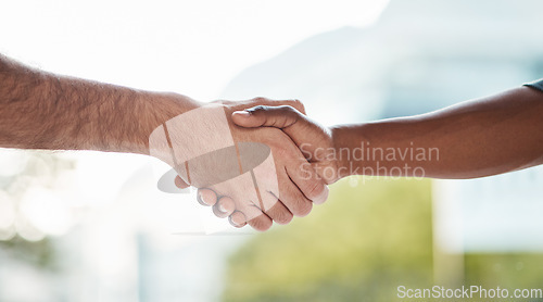 Image of Help, support and handshake by men outdoor with trust, cooperation or collaboration on blurred background. People, shaking hands and friends for teamwork, thank you or partnership, deal or solidarity