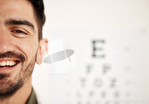 Image of Face banner, optometrist and man with eye chart in hospital for vision, wellness or healthcare. Portrait, ophthalmologist and happy person with snellen graph, doctor smile or optician on mockup space