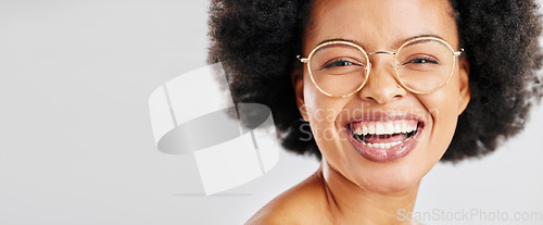 Image of Mockup, portrait and black woman with glasses, smile and optometry on a white studio background. Face, person and model with eyewear, clear vision and happiness with optometrist, space and banner