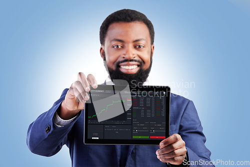 Image of Financial data, tablet and business man portrait with stock market chart of cryptocurrency in studio. Happy, investment info and fintech worker with smile from statistics, web and digital profit