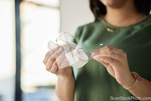 Image of Vision, hands and woman or clean with glasses for dust or vision or cloth for protection. Female person, eye and care or wipe spectacles for eyesight with tissue for dirt or maintenance for frames.