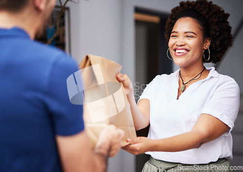 Image of Package, delivery man and a woman at door with a smile and paper bag for e commerce and shipping. Logistics, online shopping and freight or courier worker giving a happy customer a fast food order