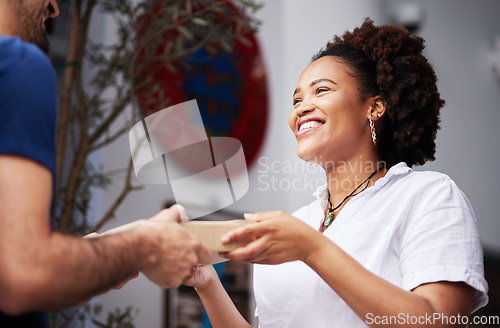 Image of Delivery man, package and a happy woman at a door with a smile and gratitude for e commerce and shipping. Logistics, online shopping and freight or courier worker giving a customer a cardboard parcel