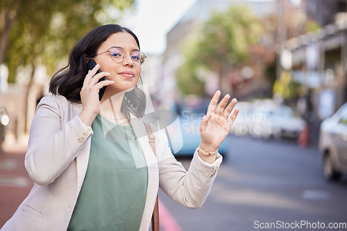 Image of Phone call, taxi and woman in the street, communication or wave with connection, talking or hailing cab service. Female person, outdoor or girl with a smartphone, mobile app or commute with network