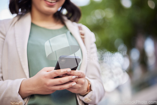 Image of Outdoor, business and hands of woman with a cellphone in for job with communication on social media. Typing, read and information on technology with professional female on online app or networking.