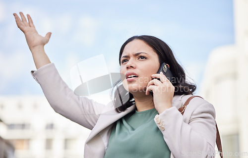 Image of Angry, phone call and business woman in city with bad news and stress from work. Burnout, urban and female professional frustrated from job fail with anxiety and mobile networking in conversation