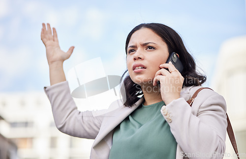 Image of Outdoor, phone call and angry business woman in city with mistake and stress from work. Burnout, urban and female professional frustrated from fail with anxiety and mobile networking in conversation