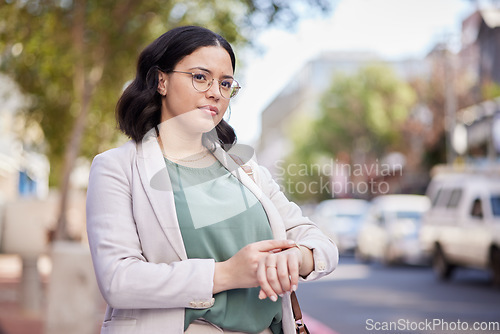 Image of Watch, time and business with woman in city, appointment or morning commute to work interview, late or street. Person, entrepreneur or worker with a schedule, outdoor or travel with anxiety on a road