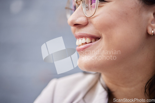 Image of Dental hygiene, smile and teeth of a woman for closeup on happiness, motivation and positive mindset. Zoom, face and mouth of a happy female person with cosmetics, confidence and wellness profile