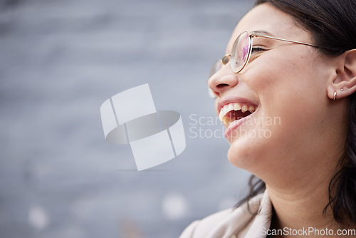 Image of Laughing, funny and face of a woman with a smile for happiness, motivation and positive mindset. Closeup, zoom and a happy female person with cosmetics, confidence or idea on blurred background space