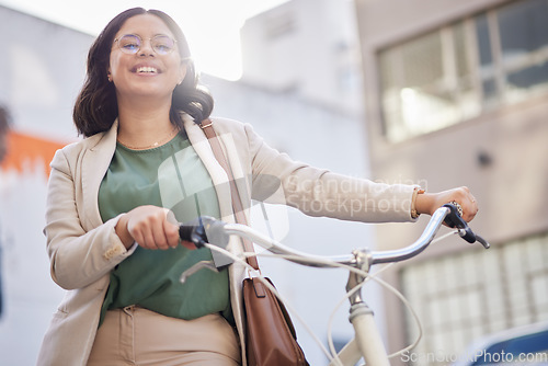 Image of Portrait, smile and business woman with bicycle in outdoor for travel to work with marketer in city. Transportation, happy and professional female person with bike for career with cycling or bag.