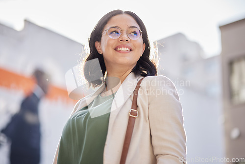 Image of Business woman, vision and worker outdoor in city with job travel and thinking. Urban, face and female professional with bag for career and commute to work feeling happy and proud from success