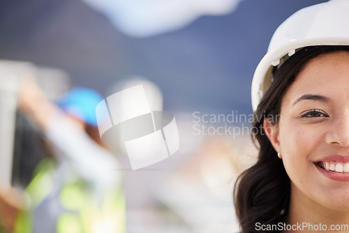 Image of Woman, engineering portrait and city construction site, project development and infrastructure design. Happy face of architecture person, contractor or industrial worker in helmet and outdoor mockup