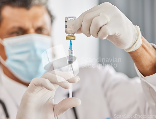 Image of Healthcare, vaccine and closeup of a doctor with a needle for a flu, cold or allergy treatment. Professional, injection vial and zoom of male medical worker with a vaccination syringe in a clinic.