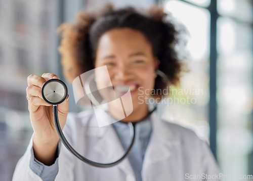 Image of Doctor, hands and woman listening with stethoscope for heartbeat, healthcare services or cardiology. Closeup of female medical worker with tools to check heart, lungs and breathing test in hospital