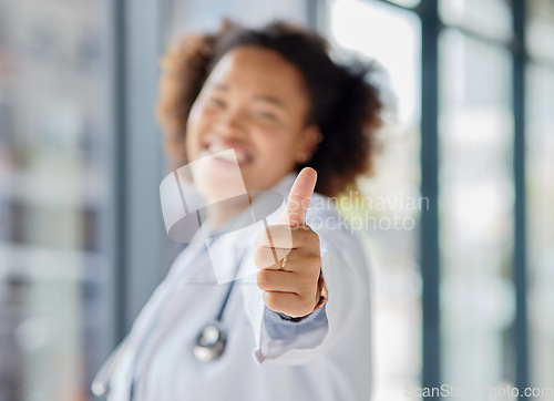 Image of Thumbs up, hands of woman and doctor with success, support and trust in medical clinic. Closeup, healthcare worker and thumb sign to celebrate agreement, yes emoji and thank you of review in hospital