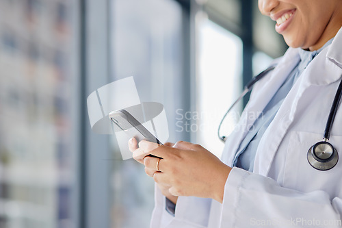 Image of Hands of doctor, woman and typing on smartphone in hospital for online contact, reading healthcare data and telehealth information. Closeup of medical worker search mobile app, technology and network