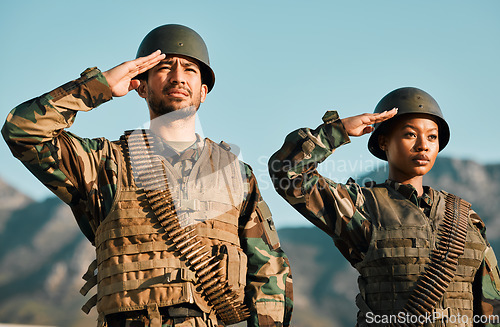 Image of Salute, army and soldier with people in nature for training, military service and war. Hero, veteran and teamwork with man and woman in outdoors for warrior, battlefield and courage together