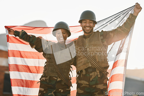 Image of Army, portrait of man and woman with American flag, solidarity and team pride together at war time. Smile, happiness and soldier partnership, people with patriot service in military uniform for USA.