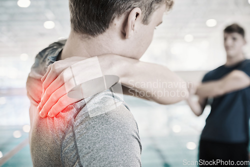 Image of Shoulder pain, man and red overlay for sports injury and inflammation at swimming pool. Massage, male person and back with wellness and exercise issue with athlete after accident and joint bruise