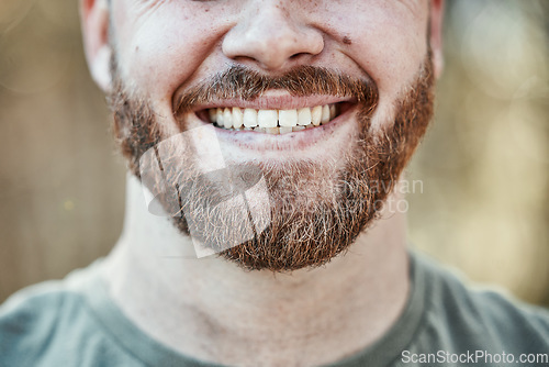 Image of Man, smile and mouth in closeup for dental care for whitening or dentist treatment for tooth wellness. Happy face, teeth with positive expression for cleaning result or cosmetic veneers for hygiene.